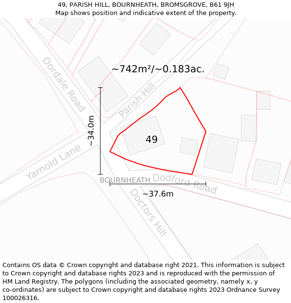 49, PARISH HILL, BOURNHEATH, BROMSGROVE, B61 9JH: Plot and title map