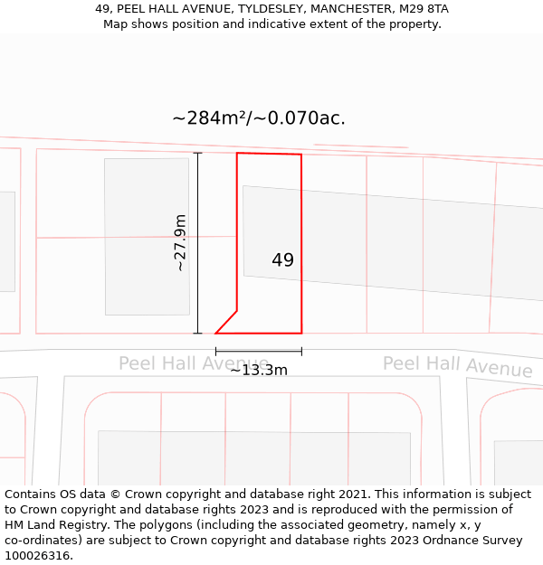 49, PEEL HALL AVENUE, TYLDESLEY, MANCHESTER, M29 8TA: Plot and title map