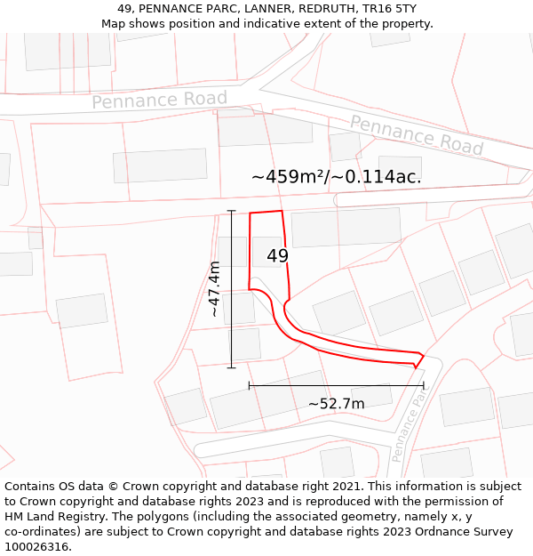 49, PENNANCE PARC, LANNER, REDRUTH, TR16 5TY: Plot and title map