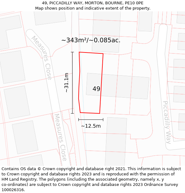 49, PICCADILLY WAY, MORTON, BOURNE, PE10 0PE: Plot and title map