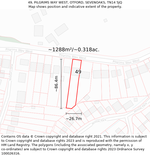 49, PILGRIMS WAY WEST, OTFORD, SEVENOAKS, TN14 5JQ: Plot and title map