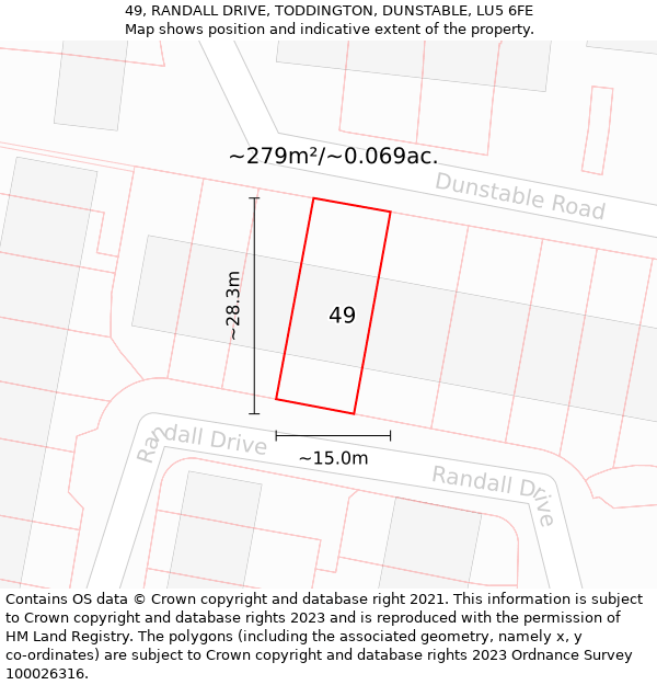 49, RANDALL DRIVE, TODDINGTON, DUNSTABLE, LU5 6FE: Plot and title map