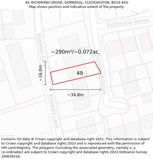 49, RICHMOND GROVE, GOMERSAL, CLECKHEATON, BD19 4AG: Plot and title map