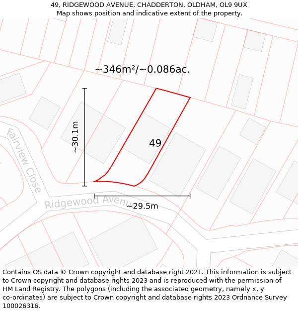 49, RIDGEWOOD AVENUE, CHADDERTON, OLDHAM, OL9 9UX: Plot and title map