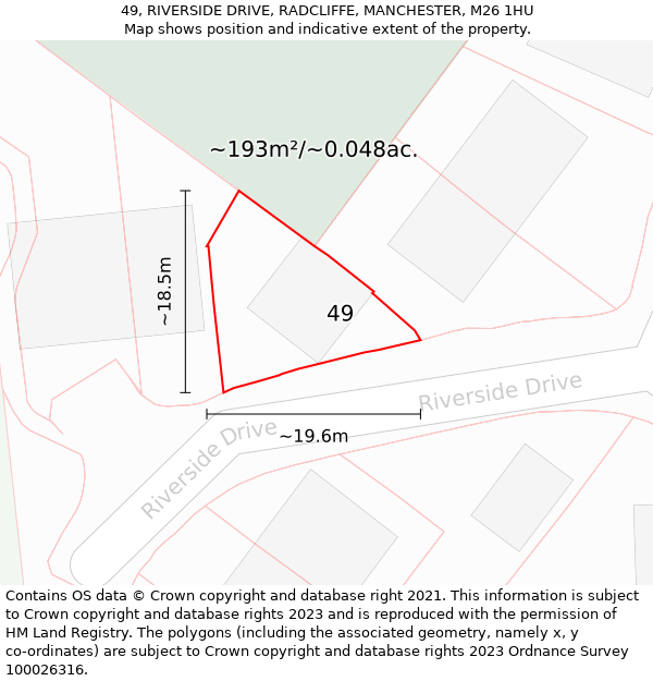 49, RIVERSIDE DRIVE, RADCLIFFE, MANCHESTER, M26 1HU: Plot and title map