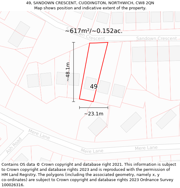 49, SANDOWN CRESCENT, CUDDINGTON, NORTHWICH, CW8 2QN: Plot and title map