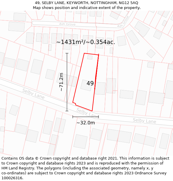 49, SELBY LANE, KEYWORTH, NOTTINGHAM, NG12 5AQ: Plot and title map