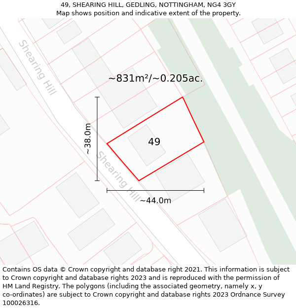 49, SHEARING HILL, GEDLING, NOTTINGHAM, NG4 3GY: Plot and title map