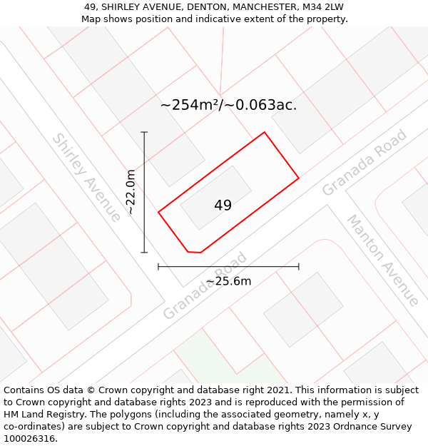 49, SHIRLEY AVENUE, DENTON, MANCHESTER, M34 2LW: Plot and title map