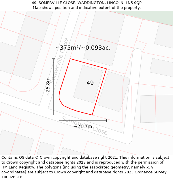 49, SOMERVILLE CLOSE, WADDINGTON, LINCOLN, LN5 9QP: Plot and title map