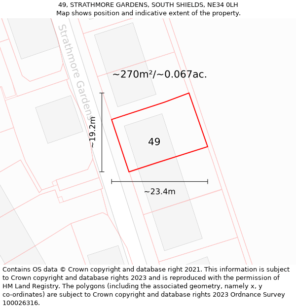 49, STRATHMORE GARDENS, SOUTH SHIELDS, NE34 0LH: Plot and title map