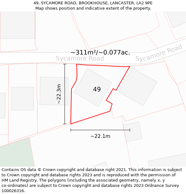 49, SYCAMORE ROAD, BROOKHOUSE, LANCASTER, LA2 9PE: Plot and title map