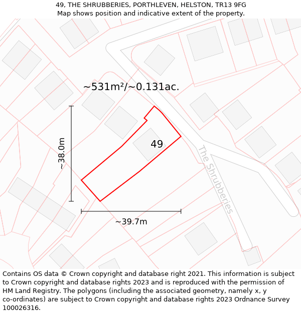 49, THE SHRUBBERIES, PORTHLEVEN, HELSTON, TR13 9FG: Plot and title map