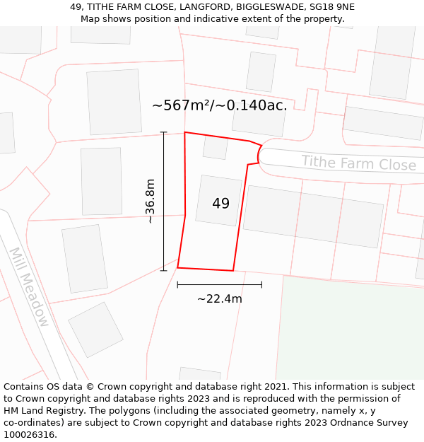 49, TITHE FARM CLOSE, LANGFORD, BIGGLESWADE, SG18 9NE: Plot and title map