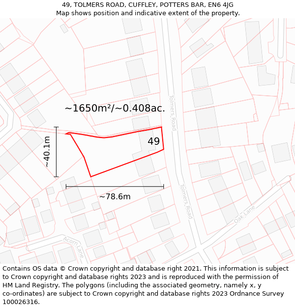 49, TOLMERS ROAD, CUFFLEY, POTTERS BAR, EN6 4JG: Plot and title map