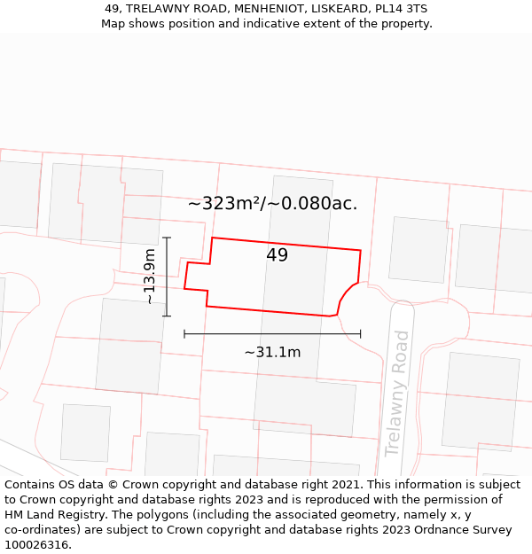 49, TRELAWNY ROAD, MENHENIOT, LISKEARD, PL14 3TS: Plot and title map