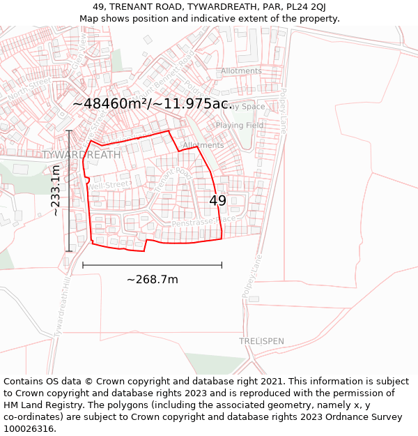 49, TRENANT ROAD, TYWARDREATH, PAR, PL24 2QJ: Plot and title map