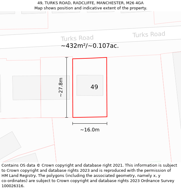 49, TURKS ROAD, RADCLIFFE, MANCHESTER, M26 4GA: Plot and title map