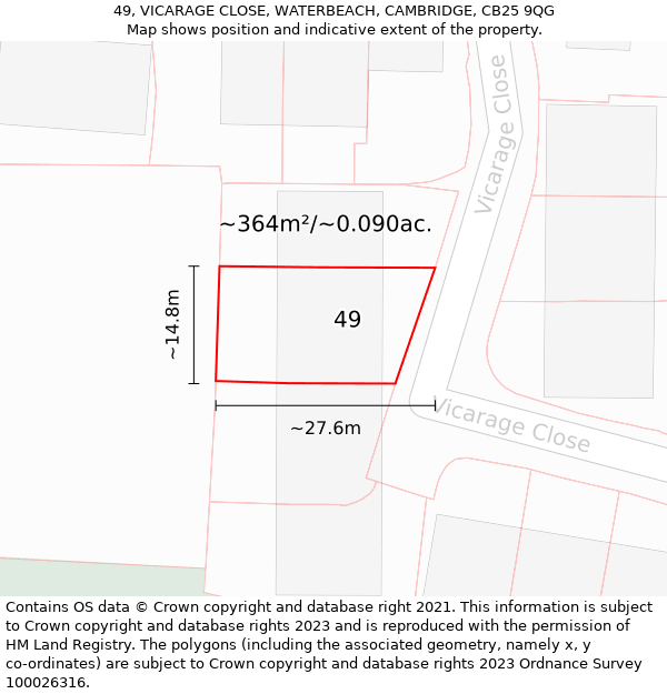 49, VICARAGE CLOSE, WATERBEACH, CAMBRIDGE, CB25 9QG: Plot and title map