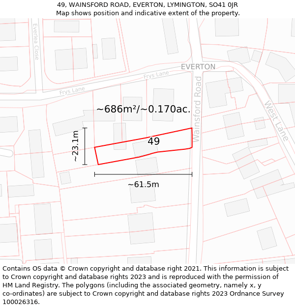 49, WAINSFORD ROAD, EVERTON, LYMINGTON, SO41 0JR: Plot and title map