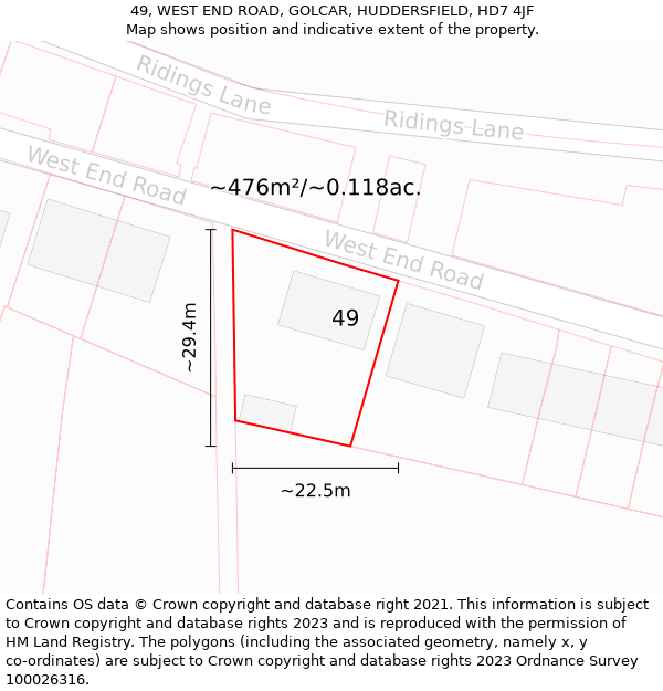 49, WEST END ROAD, GOLCAR, HUDDERSFIELD, HD7 4JF: Plot and title map