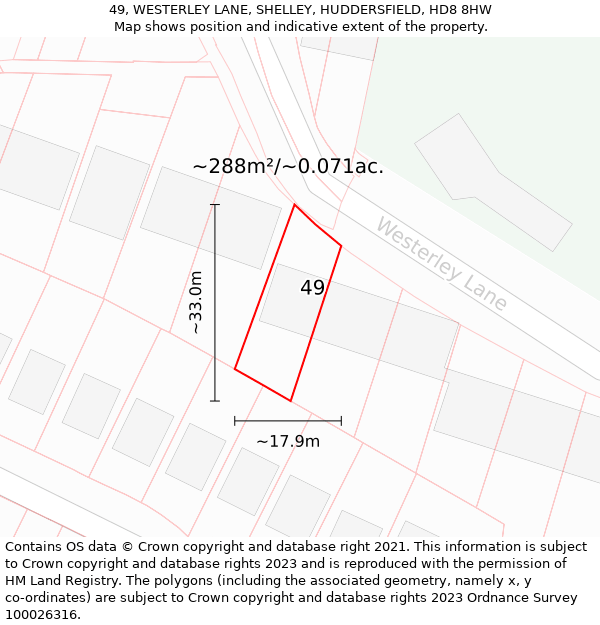 49, WESTERLEY LANE, SHELLEY, HUDDERSFIELD, HD8 8HW: Plot and title map