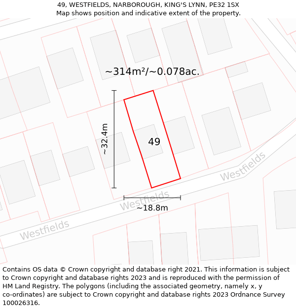 49, WESTFIELDS, NARBOROUGH, KING'S LYNN, PE32 1SX: Plot and title map