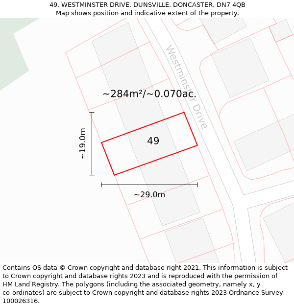 49, WESTMINSTER DRIVE, DUNSVILLE, DONCASTER, DN7 4QB: Plot and title map