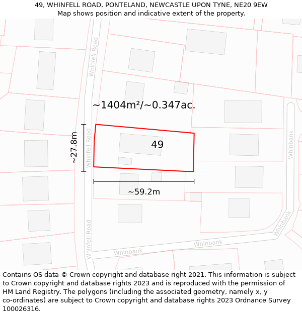 49, WHINFELL ROAD, PONTELAND, NEWCASTLE UPON TYNE, NE20 9EW: Plot and title map