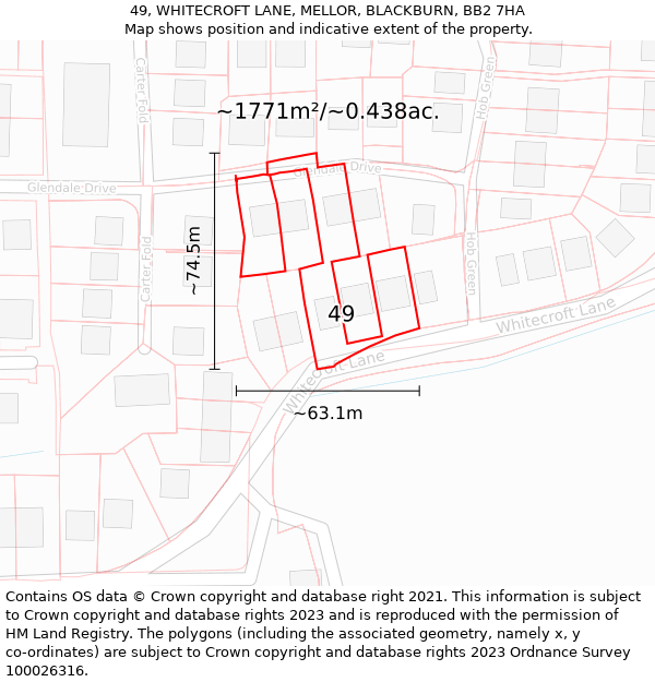 49, WHITECROFT LANE, MELLOR, BLACKBURN, BB2 7HA: Plot and title map