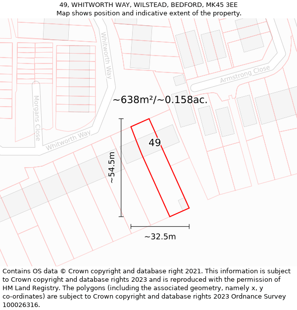 49, WHITWORTH WAY, WILSTEAD, BEDFORD, MK45 3EE: Plot and title map