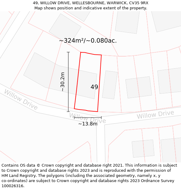 49, WILLOW DRIVE, WELLESBOURNE, WARWICK, CV35 9RX: Plot and title map