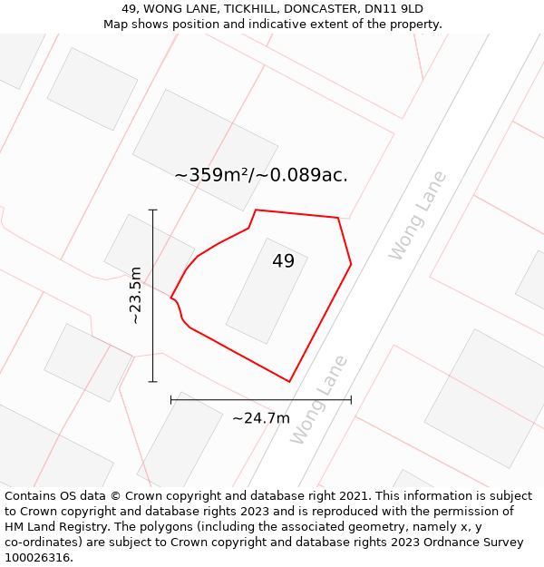 49, WONG LANE, TICKHILL, DONCASTER, DN11 9LD: Plot and title map