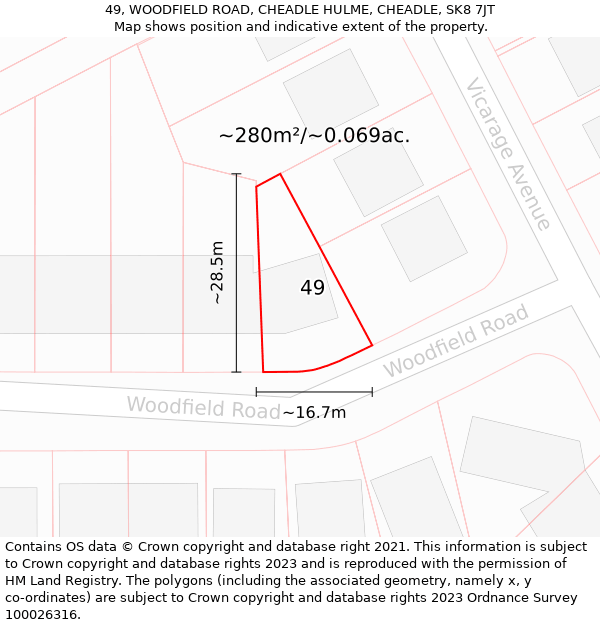 49, WOODFIELD ROAD, CHEADLE HULME, CHEADLE, SK8 7JT: Plot and title map