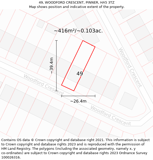 49, WOODFORD CRESCENT, PINNER, HA5 3TZ: Plot and title map