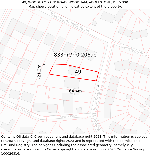 49, WOODHAM PARK ROAD, WOODHAM, ADDLESTONE, KT15 3SP: Plot and title map