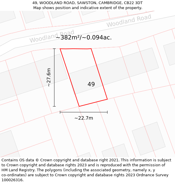 49, WOODLAND ROAD, SAWSTON, CAMBRIDGE, CB22 3DT: Plot and title map