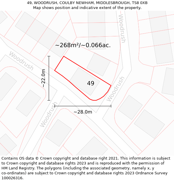 49, WOODRUSH, COULBY NEWHAM, MIDDLESBROUGH, TS8 0XB: Plot and title map