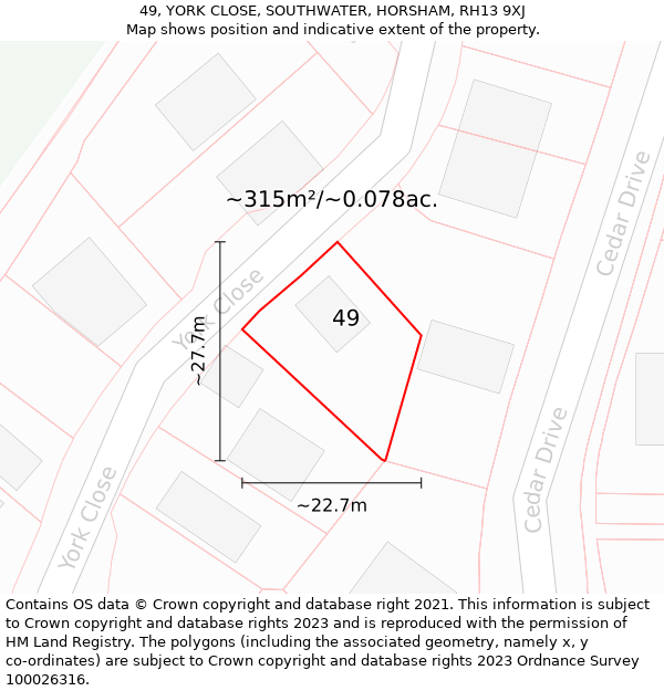 49, YORK CLOSE, SOUTHWATER, HORSHAM, RH13 9XJ: Plot and title map