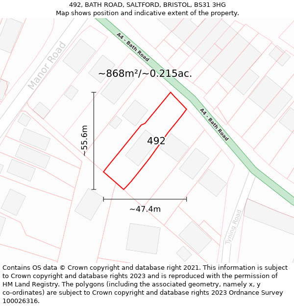 492, BATH ROAD, SALTFORD, BRISTOL, BS31 3HG: Plot and title map