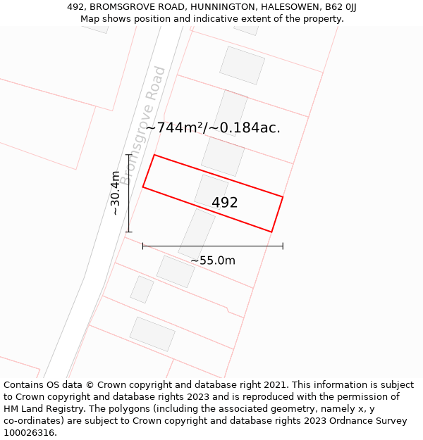 492, BROMSGROVE ROAD, HUNNINGTON, HALESOWEN, B62 0JJ: Plot and title map