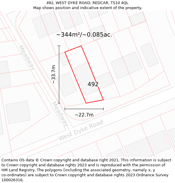 492, WEST DYKE ROAD, REDCAR, TS10 4QL: Plot and title map