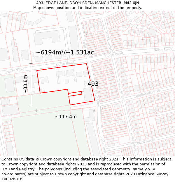 493, EDGE LANE, DROYLSDEN, MANCHESTER, M43 6JN: Plot and title map