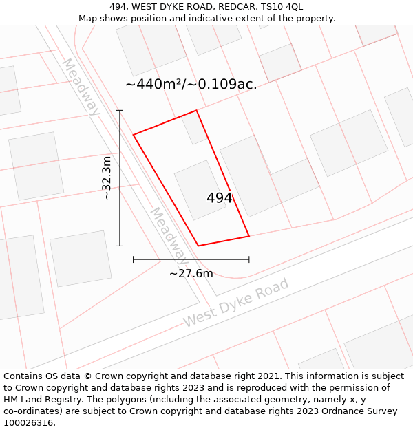 494, WEST DYKE ROAD, REDCAR, TS10 4QL: Plot and title map