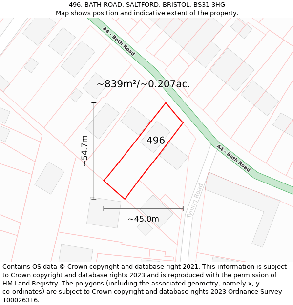 496, BATH ROAD, SALTFORD, BRISTOL, BS31 3HG: Plot and title map