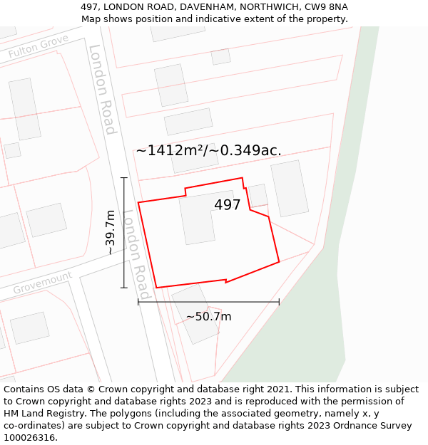 497, LONDON ROAD, DAVENHAM, NORTHWICH, CW9 8NA: Plot and title map