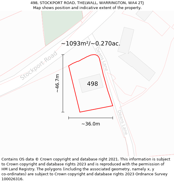 498, STOCKPORT ROAD, THELWALL, WARRINGTON, WA4 2TJ: Plot and title map