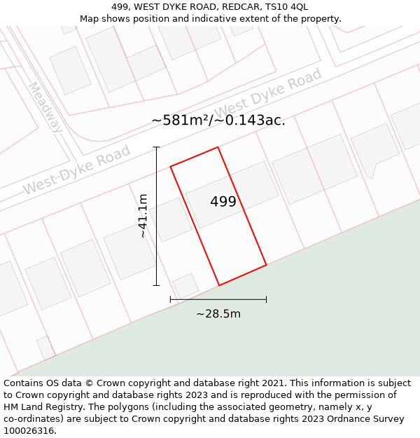 499, WEST DYKE ROAD, REDCAR, TS10 4QL: Plot and title map