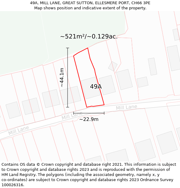 49A, MILL LANE, GREAT SUTTON, ELLESMERE PORT, CH66 3PE: Plot and title map