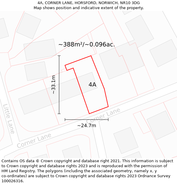 4A, CORNER LANE, HORSFORD, NORWICH, NR10 3DG: Plot and title map